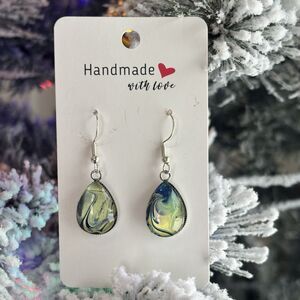 Handmade Blue Acrylic Pour Marble Teardrop Dangle Earrings Hypoallergenic Gift